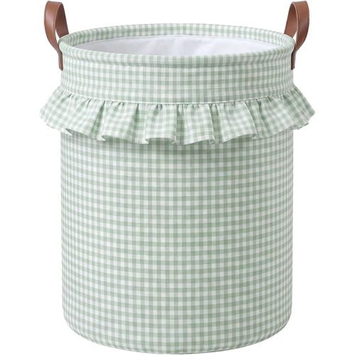 Green Gingham Laundry Basket Ruffled Checkered Laundry Hamper