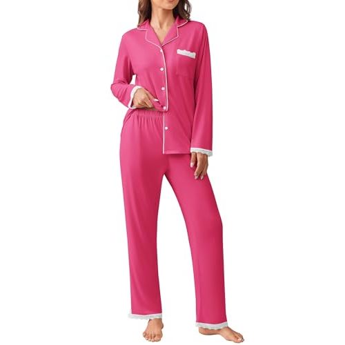 Ekouaer Womens Pajamas Set Long Sleeve Sleepwear Button Down Lounge Set 2 Pieces Soft Nightwear Lace Pjs Set