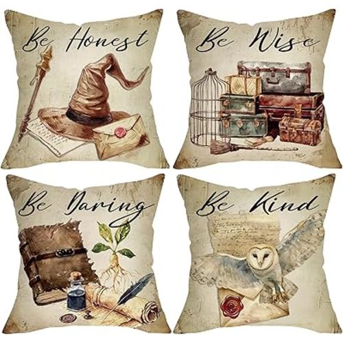 Vintage Magic Decorative Throw Pillow Covers 18 x 18 Set of 4, Retro Magical Books Wizard Hat Owl Suitcase Porch Outdoor Home Decor, Watercolor Be Honest Wise Daring Kind Sofa Couch Cushion Case