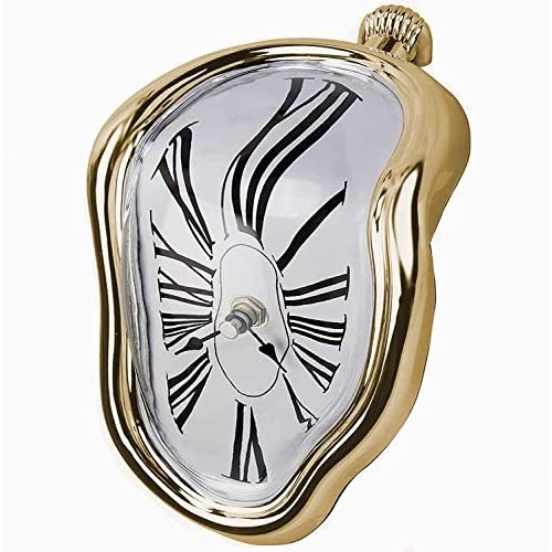 Melting Clock Dali Melted Clock Gift Decor Art Inspired Wall Clock Twisted Shelf Hanging Surrealist for Decorative Shop Office Home Desk Roman Gold…