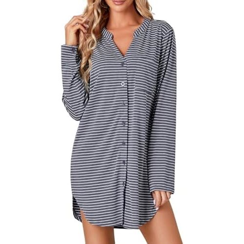 Vrtige Women's Striped Nightshirt Button Down Long Sleeve Nightdress Nightgown with Pocket