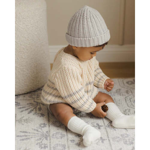 Quincy Mae Rex Sweater – Fog Stripe | Organic Cotton Baby & Toddler Pullover – Neon Dream