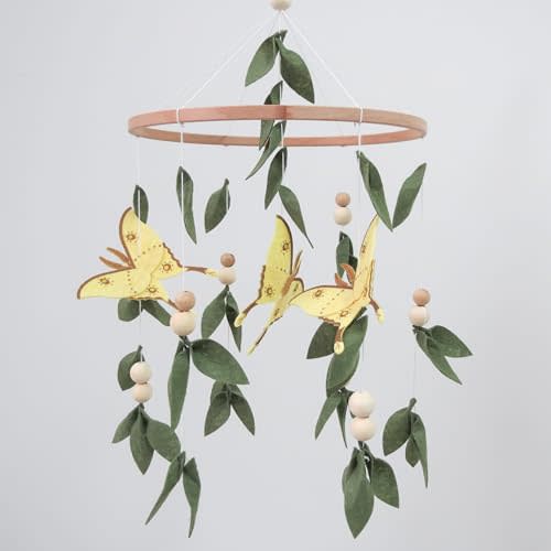 Forest Crib Mobile for Girls Boys, Yellow Butterfly & Green Leaves Baby Mobile for Crib, Butterfly Mobile for Crib Girl, Forest Nursery Mobile