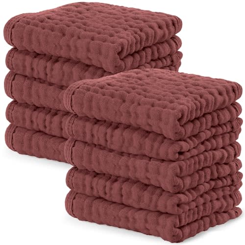 Comfy Cubs Muslin Baby Washcloths 10 Pack - Soft 6-Layer Cotton Wash Cloths for Sensitive Skin - 10"x10" Large, Gentle, Absorbent Infant Essentials for Newborn and Toddlers - Wine