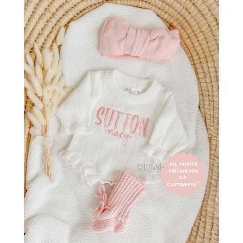 Embroidered name baby romper, newborn girl coming home knit ruffle outfit, custom birth name announcement, personalized baby shower gift