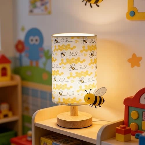 Bee Decor, Bee Night Light 3-Color Small Linen Desk Lamp, 10 x 5.12 Inch with Integrated LED, for Boys & Girls Bedroom,Living Room Bedroom Room Lighting Table Lamps Home Decoration (Honeybee)