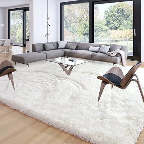 Merelax Soft Modern Indoor Large Shaggy Rug for Livingroom Bedroom Dorm Kids Room Home Decor, Non-Slip Plush Fluffy Furry Fur Area Rugs Comfy Nursery Accent Floor Carpet 9x12 Feet, Ivory