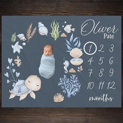 Personalized Navy Ocean Baby Boy Milestone Blanket, Monthly Growth Blanket for Newborn Photos, Under The Sea Baby Photo Prop, Perfect Babies Shower Gift for Boys, Soft Fleece Material