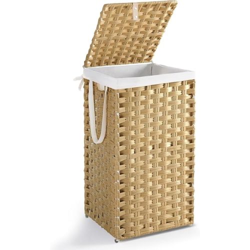 DUMOS Laundry Basket with Lid, 65L Wicker Laundry Hampers, Goose Yellow