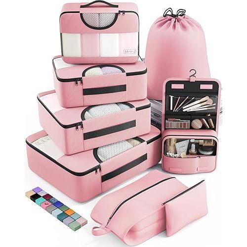 Veken 8 Set Packing Cubes for Travel Essentials, Suitcase Organizer Bags Set for Luggage, Road Trip Travel Accessories in 4 Sizes (Extra Large, Large, Medium, Small), Pink