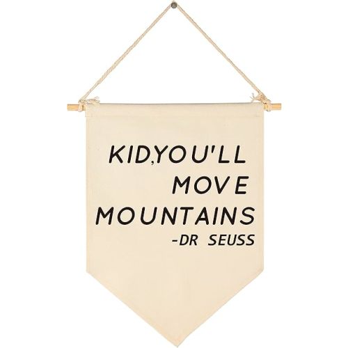 Kid, You'll Move Mountains-Nursery Wall Art Décor-Canvas Hanging Pennant Flag Banner Wall Sign Decor Gift For Kids Boy Girl Teen Nursery Bedroom Game Room Playroom Front Door-Birthday Christmas Gift