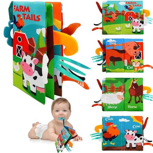 Baby Books Toys 0-12 Months with Teether,Tummy Time Crinkle Sensory Toys,High Contrast Touch & Feel Soft Book, Early Learning Infant Toys,Shower Gift for Boys Girls (Farm Animals)