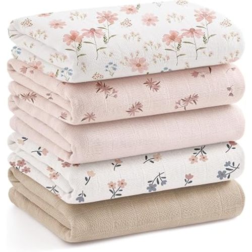 Bearmoss Muslin Washcloths for Baby, Bamboo Cotton Ultra Soft Baby Burp Cloths, 60x60cm Large Breathable Absorbent Washcloths for Newborn, Multi-Use Gender Neutral Muslin Cloths Cloths (Flower)