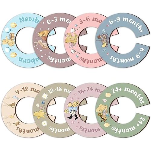 8Pcs Winnie Baby Closet Dividers, Colorful Round Baby Clothes Dividers for Closet, Newborn Baby Stuff for Baby Boys Girls, Wooden Double-Sided Baby Hanger Organizer from Newborn to Toddler