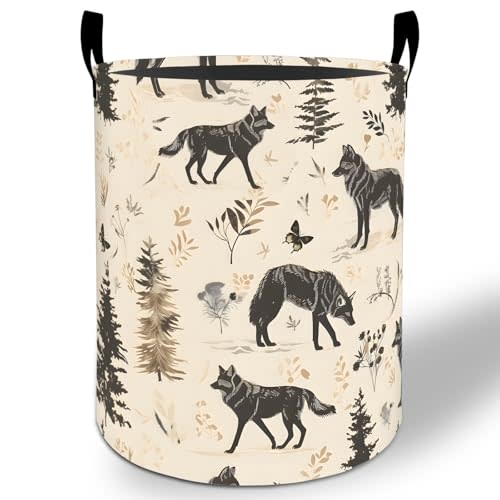 Forest Wolf Laundry Basket Hamper 19.7"x15.8", Animal Foldable Waterproof Oxford Clothes Storage Bucket for Room Bathroom Bedroom Nursery Decor, Toy Organizer Bins Gifts for Kids Boys Girls