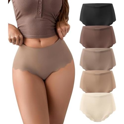 SHARICCA Seamless High Waisted Underwear for Women Cheeky Underwear Wave Edge No Show Bikini Panties Ribbed Panties Pack