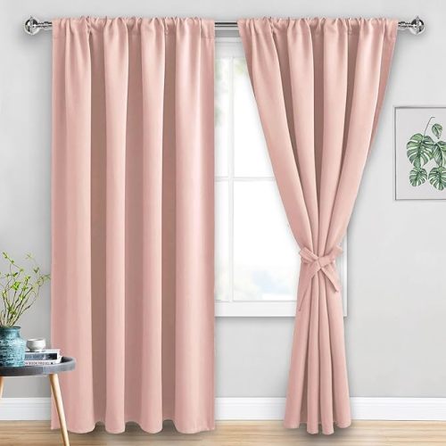 JIUZHEN Blackout Curtains for Bedroom - 60 Inch Extra Wide Thermal Insulated Room Darkening Privacy Soundproof Curtains for Living Room, Set of 2 Panels with Tiebacks, 60 x 84 inches, Blush Pink
