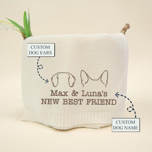 Custom Dog Ears Baby Knit Embroidery Blanket, Baby Blanket, New Best Friend, Dog Ears Outline, Knit Organic Baby Blanket, Newborn Gifts