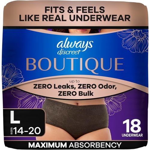 Always Discreet Boutique Incontinence and Postpartum Underwear for Women, Maximum Protection, Large, Black, 18 Count