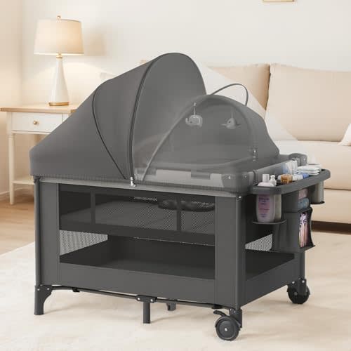 4-in-1 Baby Bassinet with Playard, Napper Bassinet, Changing Table, Mosquito Net & Canopy, Storage and Toys for Newborn to Toddler