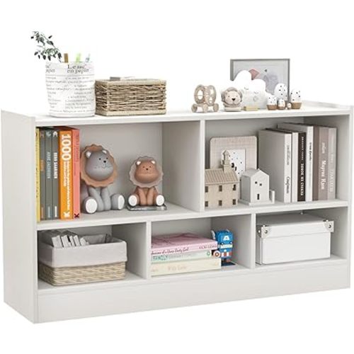 Toy Storage Organizer, 2-Tier Kids Bookshelf, 5 Cube Kids' Bookcases, Cabinets & Shelves, Wooden Toy Organizers, Small Book Shelf for Bedroom, Playroom, Classroom, Nursery (White)