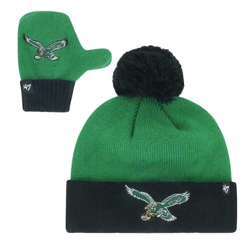 Toddler Philadelphia Eagles  '47 Midnight Green/Black Bam Bam Cuffed Knit Hat with Pom & Mittens Set