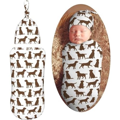 Brown Labrador Retriever Dog Newborn Swaddle Blankets Hat Sets Soft Baby Receiving Blanket Swaddle Sack for Baby Shower Infant Boy Girl Gift