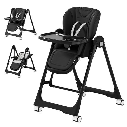 3-in-1 High Chairs for Babies and Toddlers, Foldable Baby High Chair with Rocking Mode, 5 Height Levels, Adjustable Backrest & Footrest, Lockable Wheels (Black)