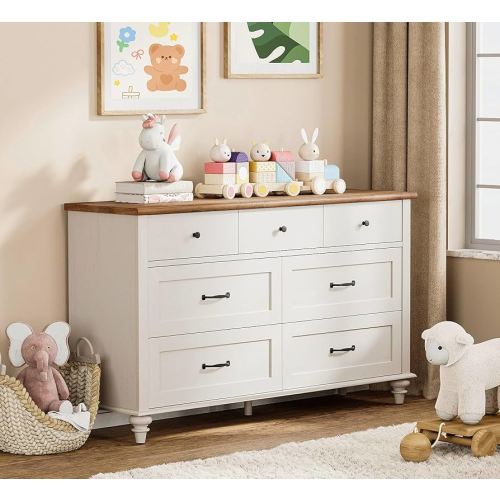 WAMPAT Kids Dresser with 7 Drawers for Bedroom, White Baby Dresser for Nursery & Kids Room, Mid Century Modern Chests & Dressers, Distressed Wide Dresser Organizer for Children’s Bedroom, 54 Inch