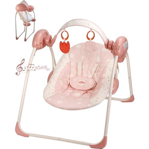 Baby Swings for Infants, Tiny Marvels Portable Swing with Adaptable Speed, Music, Removable-Toy-Bar, Foldable Infant Swing for Indoor and Outdoor Use, 0-9 Months 6-20 lbs(Blush Bloom)
