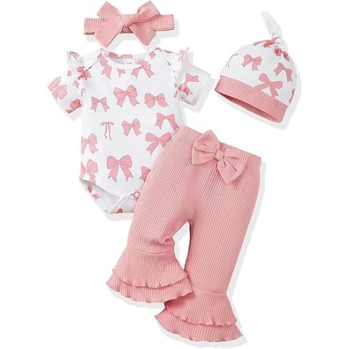Renotemy Newborn Baby Girl Clothes Infant Romper Spring Summer Outfits Gifts Bell Bottoms Pant Sets for Girls Preemie-12Month