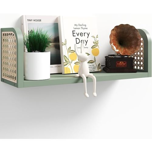 Green Rattan Wall Shelf, Wooden Hanging Bookshelf Storage, Cute Nursery Shelves Wall Mounted, Boho Decorative Floating Shelves for Kids Room, Living Room, Play Room, Bedroom