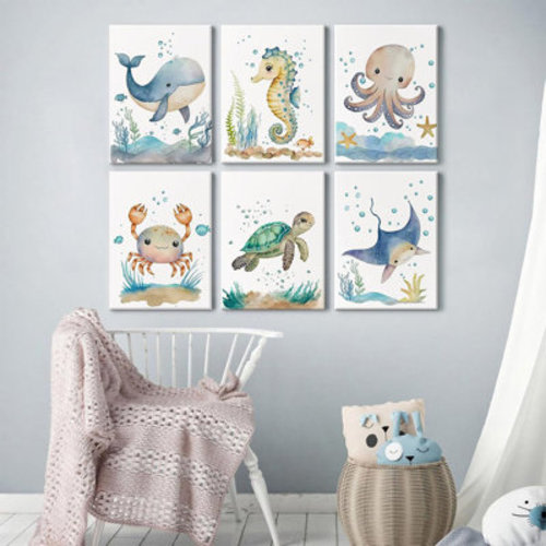 Dovecove Nursery Sea Animal Wall Decor Set Of 6 Ocean Watercolor Canvas Wall Art Baby Boys Room Wall Art Ocean Sea Animal Pictures Kids Girl Art Prints Nursery Artwork For Bedroom 8X10 Inch Framed | Wayfair