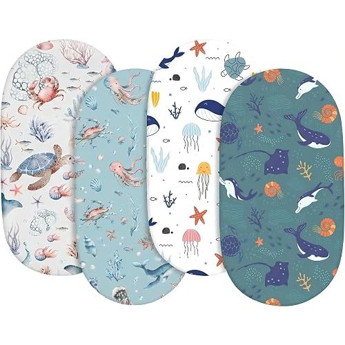 4 Pack Stretch Soft Baby Bassinet Sheet for Girls, Boys, Breathable Cozy Crib Sheets Fit for Hourglass Oval Rectangle, Bedside Sleeper Bassinet Sheets (Blue Ocean)