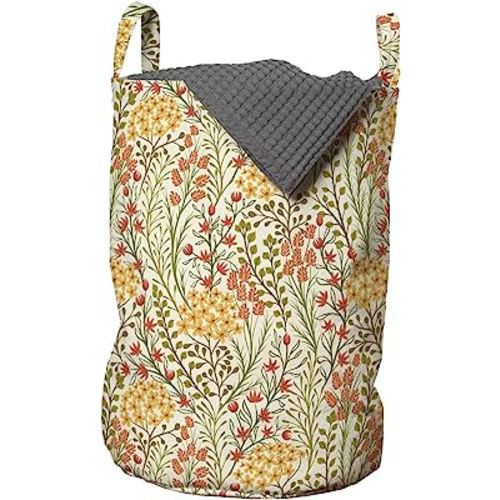 Ambesonne Flower Laundry Bag, Leaves Flowers Old Vintage Ivy Design with Plants Nature Theme Retro Art Print, Hamper Basket with Handles Drawstring Closure for Laundromats, 13" x 19", Green Multicolor