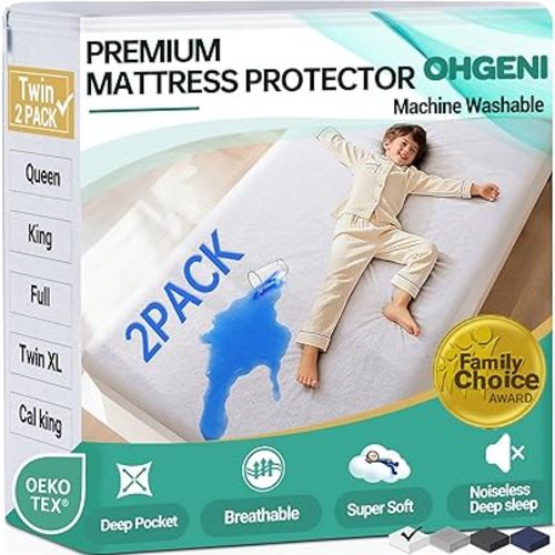 OhGeni 2 Pack Waterproof Mattress Protector, Twin Size Mattress Pad Fitted with Deep Pocket 6"-18", Breathable Noiseless & Soft, Washable Dirt-Proof Mattress Cover for Home, Dorm, White, Daybed Cover