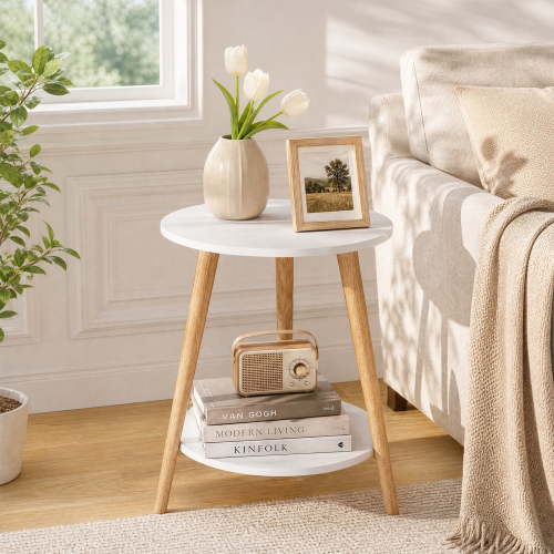 YEERSWAG® 20 Inch Height Round Side Table, 2-Tier End Table with Storage Shelf, Modern Nightstand with Solid Wood Legs, Waterproof Sturdy Accent Table for Living Room Bedroom Sofa Couch, White