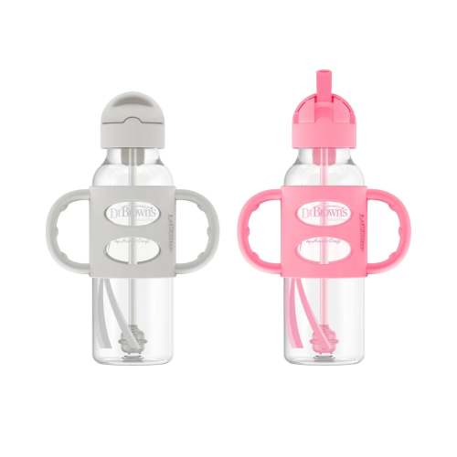 Dr. Brown's Milestones Narrow Sippy Straw Bottle, Spill-Proof with 100% Silicone Handles, Gray/Pink, 6m