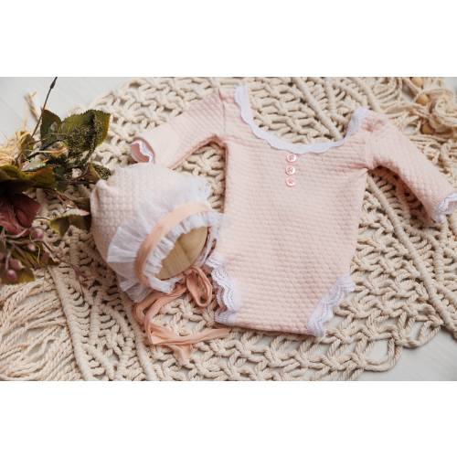 Pink Newborn Girl Knit Romper with Matching Bonnet
