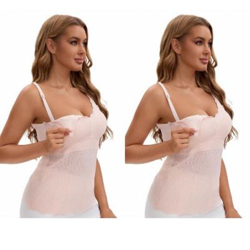 INSPIRE CHIC Women's Lace Nursing Tanks with Adjustable Straps Breastfeeding V Neck Built-In Bra Cami 2 Packs 2 Light Pink Large