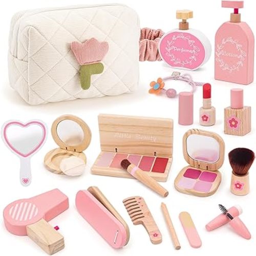 Wooden Makeup Toy Set for Girls Pretend Play Makeup Kit for Toddlers 3-5 with Bag, Birthday Gifts for Girls Toys Kids Aged 3 4 5 6 7 8