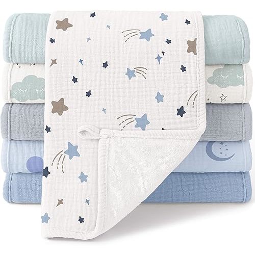 Bearmoss Muslin Burp Cloths, 100% Cotton Baby Burping Clothes, Large Extra Soft Absorbent for Unisex Newborn Boy and Girl, 20x10in, 6 Pack, Blue Print