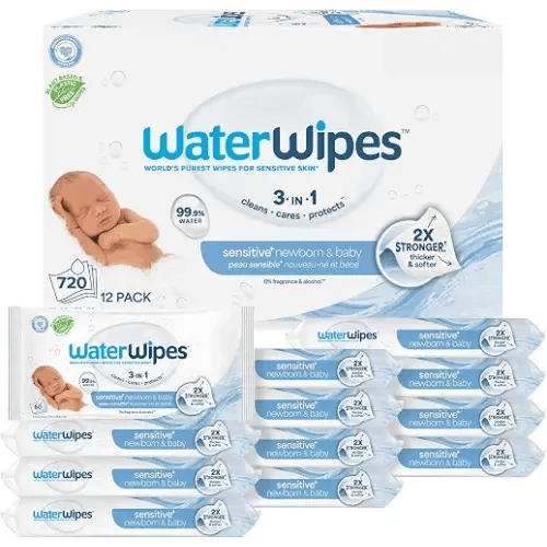 WaterWipes Sensitive+ Newborn & Baby Wipes, 3-In-1 Cleans, Cares, Protects, 99.9% Water, Unscented & Hypoallergenic, 720 Count (12 Packs)