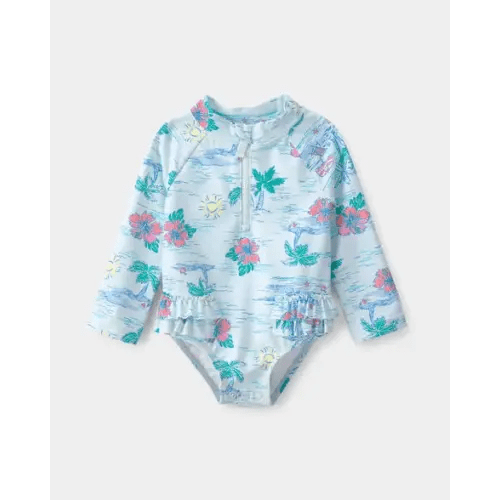 Baby Girl Tropical Beach Long-Sleeve Rashguard Swimsuit - Blue | Carter's