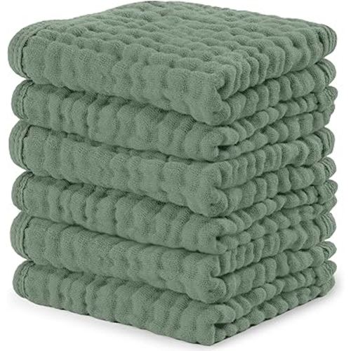Comfy Cubs Muslin Baby Washcloths 6 Pack - Soft 6-Layer Cotton Wash Cloths for Sensitive Skin - 10"x10" Large, Gentle, Absorbent Infant Essentials for Newborn and Toddlers - Fern