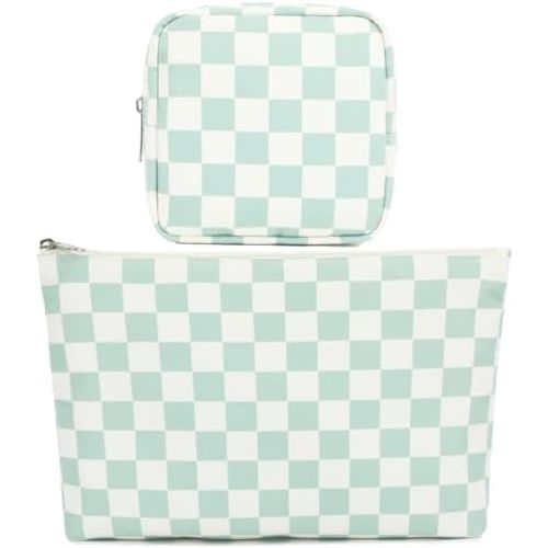 Checkered Makeup Bag, Travel Cosmetic Bag Organizer Toiletry Bag Make Up Bags with Zipper & Compartments for Women Girls, 2PCS