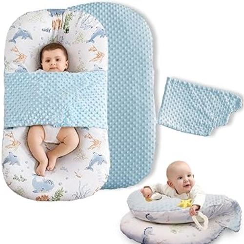 Baby Lounger Pillow, 2-in-1 Infant Lounger Pillow for Newborn 0-24 Months for Tummy Time, 2 Sides Soft & Breathable 100% Cotton Cover, Portable Baby Nest, Newborn Essentials & Gifts for Babies (Blue)