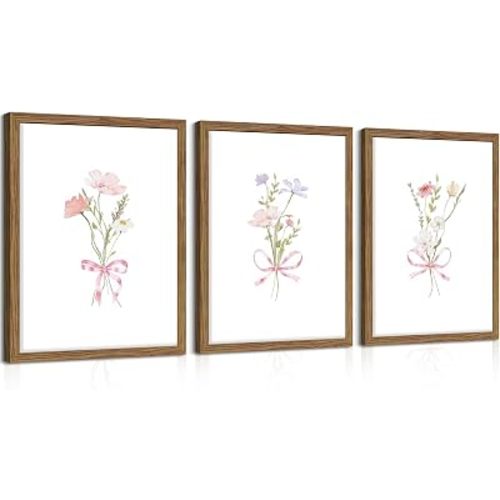 Vintage Floral Wall Art Set of 3, Coquette Pink Cute Girl Flower Bow Canvas Wall Decor Painting, Boho Nursery Wildflower Artwork Paints Pictures for Living Room Nursery Bedroom 12x16 Inch Wood Framed