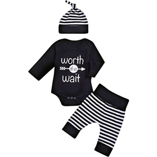 Baby Unisex Worth the Wait Arrow Printed Romper Striped Pant Hat Outfit Clothes