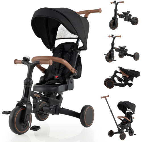 INFANS 9-in-1 Foldable Toddlers Tricycle, Converts Stroller to Balance Bike with Adjustable Push Handle, Canopy & Backrest, Pedal Conversion, Retractable Rear Wheels for 1-6 Years